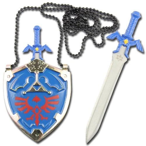 Mini DARK Hylian Shield & Links Master Sword Legend of Zelda Necklace